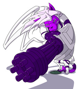 anthro elastic_body full_body_suit gatling_gun gun gun_arm hair machine_gun male minigun purple_body purple_eyes ranged_weapon sewer_grate simple_background solo weapon weapon_arm white_background white_hair dlrowdog fenrir_(dlrowdog) canid mammal