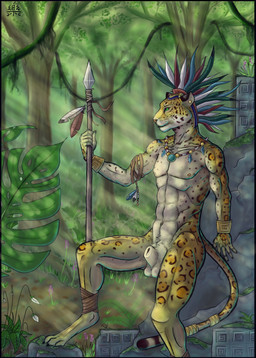 animal_genitalia anthro aztec balls bracelet feathers forest genitals gold_(metal) gold_bracelet gold_jewelry gold_necklace jewelry jungle light light_beam male melee_weapon muscular necklace nude plant polearm sheath solo spear sunbeam sunlight tree tribal warrior weapon foskybleu felid jaguar mammal pantherine absurd_res hi_res