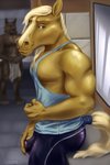 2020 anthro bulge bulge_fondling canid canine canis clothed clothing digital_media_(artwork) duo equid equine floor hi_res horse looking_at_viewer male mammal muscular pecs quival shirt smile solo_focus tank_top tile tile_floor topless topwear towel wolf