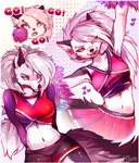 anthro cheerleader cheerleader_outfit clothed clothing female grey_hair hair inner_ear_fluff long_hair looking_at_viewer midriff navel notched_ear open_mouth pom_poms red_sclera solo text tuft white_eyes myoniis helluva_boss mythology loona_(helluva_boss) canid canid_demon canine demon hellhound mammal mythological_canine mythological_creature 2023 artist_name english_text hi_res