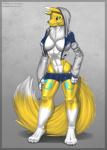 anthro big_breasts breasts clothing female fur muscular muscular_anthro muscular_female simple_background solo white_body white_fur yellow_body yellow_fur thunder-renamon bandai_namco digimon alice_(cortanaslover) fan_character canid canine digimon_(species) mammal renamon 2018 digital_media_(artwork)