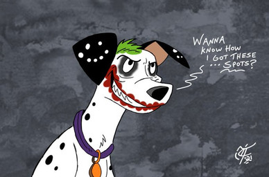 alternate_species black_body black_eyeshadow black_fur black_nose black_spots clown_makeup collar eyeshadow feral fur green_hair hair lipstick makeup male markings parody purple_collar red_lipstick sharp_teeth solo spots spotted_body spotted_fur teeth toony white_body white_fur white_spots unclescooter 101_dalmatians batman_(series) cruella_(2021_film) dc_comics disney the_joker canid canine canis dalmatian domestic_dog mammal 2021