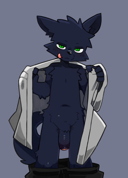 anthro bedroom_eyes biped black_body black_fur blush bottomwear bottomwear_down cheek_tuft chest_tuft clothed clothing coat crotch_tuft facial_tuft foreskin front_view fur fur_tuft genitals glans green_eyes grey_background half-erect head_tuft humanoid_genitalia humanoid_penis licking licking_lips male mostly_nude mostly_nude_anthro mostly_nude_male narrowed_eyes open_clothing open_topwear pants pants_down partially_clothed partially_retracted_foreskin penis seductive simple_background slim slim_anthro slim_male solo standing tail tongue tongue_out topwear tuft undressing_self pizademokttero nifram_logan canid canine canis mammal wolf 2026 absurd_res digital_drawing_(artwork) digital_media_(artwork) hi_res