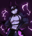 abs anthro arm_cuffs bottomwear chain choker clothing electricity eyewear hands_on_hips horn jewelry loincloth male markings muscular muscular_anthro muscular_male navel necklace nipples pecs purple_background simple_background smile solo spade_tail spikes spikes_(anatomy) straps sunglasses tail rygel_spkb rygel_(rygel_spkb) demon mammal procyonid raccoon 2021 hi_res