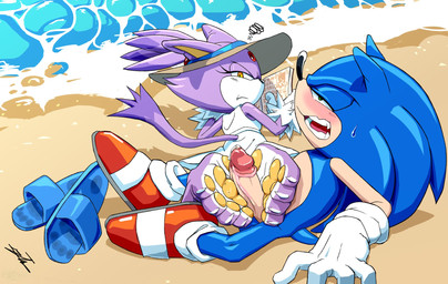 annoyed anthro beach blue_body blue_clothing blue_footwear blue_sandals blush bodily_fluids book claws clothed clothed_sex clothing dominant dominant_female duo feet female foot_fetish foot_focus foot_play footjob footwear forehead_gem fur gem genital_fluids genitals gloves handwear hat headgear headwear looking_back looking_pleasured lying male male/female on_back on_front pawpads penis precum purple_body purple_fur red_clothing red_footwear red_shoes sand sandals scribbles sex shoes shoes_removed submissive submissive_male sun_hat sweat sweatdrop toe_claws water white_soles yellow_eyes yellow_pawpads zeunnert_tw sega sonic_the_hedgehog_(series) blaze_the_cat sonic_the_hedgehog eulipotyphlan felid feline hedgehog mammal hi_res