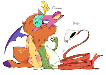 alternate_species ambiguous_gender armless bovid_horn caprine_horn duo feral feralized forked_tongue fur green_body green_scales hollow_eyes hooves horn legless lidded_eyes living_tail mane membrane_(anatomy) membranous_wings orange_body orange_fur paws pink_body quadruped ram_horn red_body scales serpentine simple_background sitting snake_tail tail text tongue unusual_anatomy unusual_tail white_background white_face wings ryulveon glitch_productions the_amazing_digital_circus gangle_(tadc) zooble_(tadc) chimera reptile scalie snake 2026 digital_drawing_(artwork) digital_media_(artwork) english_text hi_res shaded species_name nonbinary_(lore)