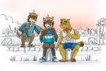 anthro bottomwear brown_body brown_fur clothing detailed_background electronics fur game_console group hoodie male outside shirt shorts sitting slightly_chubby topwear young kounfuyu morenatsu nintendo nintendo_switch nanafuse shun_(morenatsu) yukiharu_kuri canid canine canis mammal raccoon_dog tanuki wolf 2019 hi_res