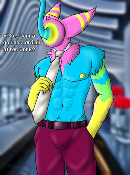 abs anthro athletic belt blurred_background bottomwear bulge clothed clothing dialogue fluffy hand_in_pocket male multicolored_body necktie necktie_grab nipples office pants pecs photo_background pockets red_bottomwear red_clothing red_pants shirtless solo sparklefur text topless wire khryaus_o'howl_(artist) deltarune undertale_(series) darkner humanoid werewire 2021 absurd_res colorful_theme digital_media_(artwork) english_text hi_res photography_(artwork)