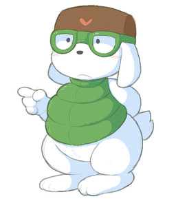 3_toes 4_fingers anthro belly black_nose blush blush_lines bottomless brown_clothing brown_hat brown_headwear closed_frown clothed clothing coat eyewear featureless_crotch feet fingers floppy_ears front_view frown fur gesture goggles green_clothing green_coat green_eyewear green_goggles green_topwear hand_behind_back hand_gesture hat headgear headwear male mouth_closed pointing scut_tail semi-anthro short short_tail simple_background slightly_chubby solo standing tail thick_thighs three-quarter_view toes topwear white_background white_body white_fur wide_hips cafongterua cave_story jack_(cave_story) lagomorph mammal mimiga 2025 cel_shading digital_media_(artwork) full-length_portrait portrait shaded