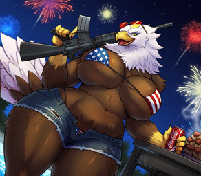 american_flag american_flag_bikini anthro beak beverage beverage_can big_breasts bikini bottomwear breasts brown_body brown_feathers clothed clothing daisy_dukes denim denim_bottomwear denim_clothing denim_shorts eyeshadow eyewear eyewear_on_head feathers female fireworks flag_bikini flag_swimwear food holding_assault_rifle holidays hot_dog hotpants huge_breasts makeup nationalism night open_mouth outside patriotism politics shorts skimpy sky smile soda solo sunglasses sunglasses_on_head swimwear tail tail_feathers thick_thighs two-piece_swimsuit united_states_of_america wearing_sunglasses wide_hips solidheater 4th_of_july coca-cola american_eagle accipitrid accipitriform avian bald_eagle bird eagle sea_eagle absurd_res hi_res
