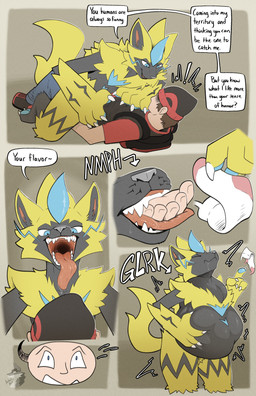 abdominal_bulge almost_fully_inside anthro anthro_pred backpack beanie belly big_belly black_body black_fur bodily_fluids clothing duo eyes_closed fur hand_on_belly hat headgear headwear human_prey lying male neck_bulge on_back open_mouth oral_vore saliva sharp_teeth simple_background soft_vore standing swallowing tail teeth text tongue tongue_out unwilling_prey vore yellow_body yellow_fur arkailart nintendo pokemon generation_7_pokemon human legendary_pokemon mammal pokemon_(species) zeraora 2025 absurd_res comic english_text hi_res sequence signature watermark