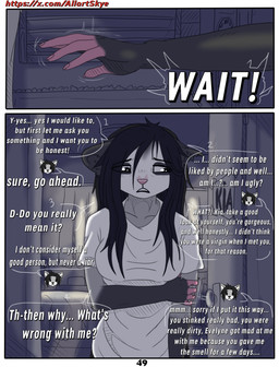 anthro black_body black_fur black_hair clothing dialogue female fur grey_body grey_fur hair pink_body pink_nose sad solo text white_body white_fur allartskye kia_(allartskye) american_opossum mammal marsupial comic english_text hi_res url