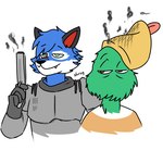 anthro armor blue_body blue_fur duo feathers fur green_body green_eyes green_feathers gun handgun humor male pistol ranged_weapon simple_background smoking_gun weapon white_background ssbmteo sonicfox sonicfox_vs_quackerman ggmaidenslayer anas anatid anseriform avian bird canid canine dabbling_duck duck fox mallard mammal 1:1 hi_res