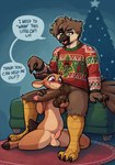 anthro ball_fondling ball_grab balls beak bellyt big_penis blush bodily_fluids bottomless bottomless_anthro bottomless_male brown_body brown_feathers brown_hair christmas_clothing christmas_sweater christmas_topwear christmas_tree clothed clothing cloven_hooves dialogue duo erection feathers fondling frenum_ladder frenum_piercing genital_fluids genital_piercing genitals hair heart_eyes heart_symbol holidays hooves horn humanoid_genitalia humanoid_penis ladder_piercing male male/male nude open_beak open_mouth penis penis_piercing penis_size_difference piercing plant precum scuted_legs scutes sitting smile speech_bubble sweater sweater_only tail tail_feathers topwear topwear_only tree fuel_(artist) christmas chico_(fuel) robin_(twinwizardtwrs) antelope avian bird bovid gazelle mammal absurd_res hi_res