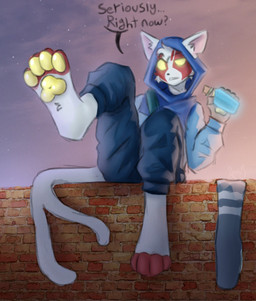 anthro barefoot brick_wall clothing dusk ears_through_hood feet foot_fetish foot_focus footwear forked_tail fur hoodie male orange_body orange_fur orange_toes pawpads paws raised_leg shield_potion sitting_on_wall socks solo speech_bubble tail toes topwear unimpressed unusual_anatomy unusual_tail wall_(structure) white_body white_ears white_fur yellow_eyes yellow_pawpads yellow_paws epic_games fortnite nyanja_(fortnite) felid feline mammal digital_media_(artwork) hi_res