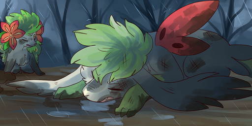 bruised chest_tuft claws cute_fangs detailed_background duo ear_tuft eyes_closed fangs feral finger_claws flower_(anatomy) fur green_body green_fur leg_tuft mud one_eye_closed open_mouth plant quadruped raining snout standing teeth tree tuft white_body white_fur wounded 1apple-fox1 nintendo pokemon tales_of_tabira mirya_(raindare) generation_4_pokemon land_forme_shaymin legendary_pokemon pokemon_(species) shaymin sky_forme_shaymin 2017