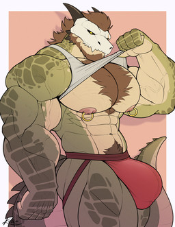 anthro beard biceps big_bulge big_muscles big_pecs big_penis black_sclera body_hair bone bone_mask brown_hair bulge chest_hair chest_tuft clothed clothing clothing_lift deltoids facial_hair genitals green_body hair horn huge_muscles huge_pecs jockstrap male mask muscular muscular_anthro muscular_male nipple_piercing nipple_ring nipples pecs penis piercing pubes ring_piercing shirt shirt_lift skull skull_mask solo spikes standing tail tank_top topwear trapezius triceps tuft underwear vein veiny_muscles kvge1208 ankou_(ankouno) crocodilian reptile scalie absurd_res hi_res