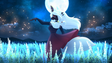 anthro clothed clothing dress female flower moon night plant solo elisawind kelpy_(smar7) canid canine canis mammal wolf hi_res