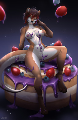anthro birthday breasts brown_body brown_fur brown_hair cake chest_tuft circle_eyebrows claws countershading dessert eyebrows eyewear eyewear_only female food freckled_face freckles fruit fur genitals glasses glasses_only green_eyes hair highlights_(coloring) icing membrane_(anatomy) messy multicolored_body multicolored_fur multicolored_hair navel nipples nude nude_anthro nude_female paws plant red_highlights solo tail tuft vulva wearing_glasses webbed_hands white_body white_fur lesspie thalassophilia_(zombiecowherd) riley_delmare mammal mustelid otter river_otter absurd_res hi_res