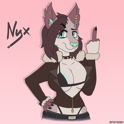 anthro areola big_breasts blue_areola blue_eyes blue_nose bomber_jacket bottomwear bra breasts brown_body brown_fur cleavage clothed clothing collar ear_piercing eyeliner facial_piercing female freckles fur gesture glistening glistening_breasts hair hand_gesture hand_on_hip inner_ear_fluff jacket looking_at_viewer makeup middle_finger nose_piercing piercing septum_piercing simple_background smile solo spiked_collar spikes standing text thong thong_straps topwear tuft underwear tooundone felid feline lynx mammal 1:1 digital_media_(artwork) hi_res