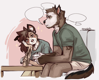 5_fingers anthro biped blush bottomwear brown_body brown_fur brown_hair claws clothed clothed_anthro clothed_female clothed_male clothing duo female finger_claws fingers fully_clothed fully_clothed_anthro fully_clothed_female fully_clothed_male fur green_eyes hair looking_at_another looking_at_partner love male pants romantic romantic_couple shirt side_view simple_background sitting smile t-shirt topwear spuydjeks bublik_(spuydjeks) kisa_(spuydjeks) canid canine canis domestic_dog mammal 2025 hi_res