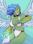 3_eyes anthro blue_hair bottomwear clothing feathered_wings feathers female green_body green_skin hair loincloth magic markings multi_eye solo wings yellow_markings thequakekat tara_hills amphibian angel frog humanoid absurd_res hi_res