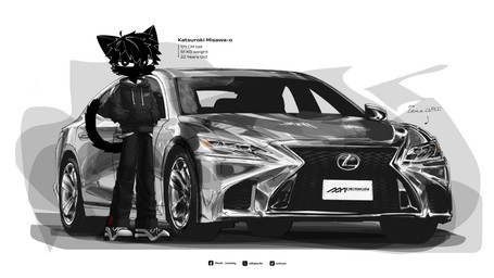 anthro black_body black_bottomwear black_clothing black_fur black_hoodie black_outfit black_pants black_topwear bottomwear car cat_tail clothed clothing fur hair hoodie looking_at_viewer male name_tag pants simple_background solo standing tail text topwear vehicle bikabe3m lexus_(car) katsuroki_(bikabe3m) domestic_cat felid feline felis mammal digital_media_(artwork) english_text hi_res monochrome watermark