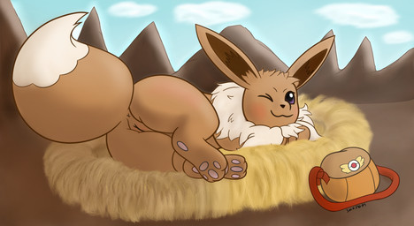 anus badge bag barely_visible_genitalia blush body_blush brown_body brown_ears butt butt_focus closed_smile detailed_background digitigrade dipstick_tail explorer_badge feet female feral genitals inviting looking_at_viewer lying markings mouth_closed on_side one_eye_closed pawpads pink_pawpads purple_eyes quadruped raised_tail seductive sharpedo_bluff smile solo straw_bed tail tail_markings three-quarter_view vulva wink winking_at_viewer x_anus sakrem nintendo pokemon pokemon_mystery_dungeon spike_chunsoft thea_(sakrem) eevee generation_1_pokemon mammal pokemon_(species) digital_media_(artwork) hi_res krita_(artwork)