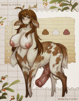 animal_genitalia animal_penis antlers balls big_breasts big_penis breasts brown_body brown_fur brown_hair equine_genitalia equine_penis erection fur genitals gynomorph hair horn huge_penis intersex looking_at_viewer medial_ring navel nipples open_mouth penis solo tail text franken deer deer_taur mammal mammal_taur taur 2025 digital_media_(artwork) english_text hi_res
