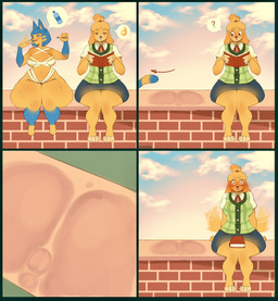 anthro barefoot big_butt blonde_hair blue_hair blush bodily_fluids book bottle breasts brick brick_wall butt butt_print cardigan cloud container duo emoji fanning fanning_self feet female fur gynomorph hair huge_butt huge_thighs intersex outside question_mark reading reading_book sitting sitting_on_wall sky sweat sweat_mark tail tail_motion tailwag thick_thighs wall_(structure) water_bottle yellow_body yellow_fur petroverr animal_crossing nintendo ankha_(animal_crossing) isabelle_(animal_crossing) canid canine canis domestic_cat domestic_dog felid feline felis mammal shih_tzu toy_dog 2025 alternate_version_at_source comic hi_res