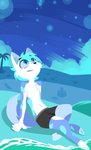 anthro blue_body blue_eyes blue_fur chest_tuft clothed clothing detailed_background fur looking_up male outside sitting smile solo swimming_trunks swimwear topless tuft water white_body white_fur hydrabb mammal 2021 absurd_res digital_media_(artwork) hi_res lineless