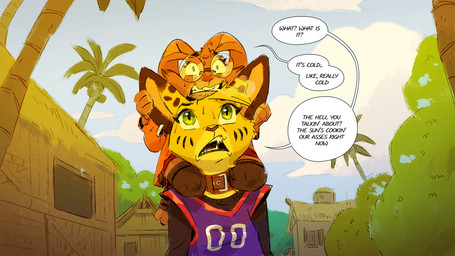 anthro brown_body brown_fur carrying_another cheek_tuft clenched_teeth clothing collar detailed_background duo ear_piercing ear_ring eyewear facial_markings facial_tuft fangs female floppy_ears freckled_face freckles fur glasses green_eyes head_markings head_tuft hut jersey long_ears long_sleeve_shirt looking_at_another looking_up markings open_mouth piercing pointy_ears pose pupils ring_piercing scared shirt slit_pupils speech_bubble spots spotted_body spotted_fur striped_markings stripes teeth text topwear tuft wearing_glasses yellow_body yellow_fur ruffu pepper_in_the_sandbox paddy_(ruffu) pepper_(ruffu) felid feline lagomorph leporid mammal rabbit serval 16:9 2025 colored detailed digital_drawing_(artwork) digital_media_(artwork) english_text hi_res shaded widescreen