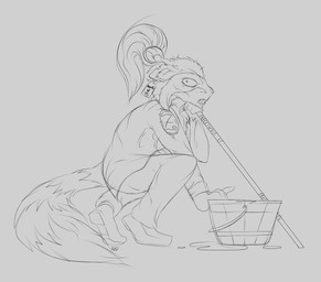 anthro assistant bucket cleaning_tool clothing coat container crouching ear_piercing ear_tag ears_down hair lab_coat loafers looking_at_viewer male markings messy_fur messy_hair mop notched_ear piercing pivoted_ears puddle pupils ring_(marking) ringed_tail scruffy simple_background small_pupils solo striped_markings striped_tail stripes tail tail_markings test_subject tongue tongue_out topwear ugly_bastard warooden tobias_(warooden) mammal procyonid raccoon digital_media_(artwork) hi_res monochrome