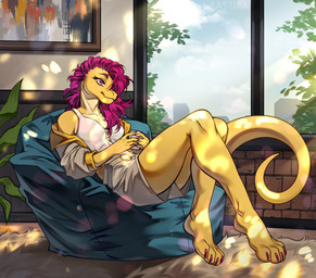 anthro biped bottomwear breasts claws clothed clothed_anthro clothed_female clothing cloud day feet female fingers front_view fully_clothed fully_clothed_anthro fully_clothed_female hair inside sitting sky smile solo tail toes topwear window bastika lizard reptile scalie 2025 digital_drawing_(artwork) digital_media_(artwork) hi_res