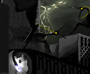 ambiguous_gender black_body cloud cloudy_sky dark electricity feral group hiding lightning looking_up sharp_teeth sky teeth yellow_eyes q_dormir rain_world videocult survivor_(rain_world) miros_bird_(rain_world) slugcat