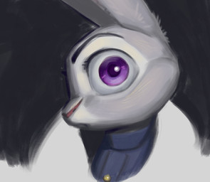 anthro clothed clothing eyebrows eyelashes female fur grey_body grey_fur looking_at_viewer police police_uniform purple_eyes side_eye side_view solo uniform thehumancopier disney zootopia judy_hopps lagomorph leporid mammal rabbit bust_portrait portrait
