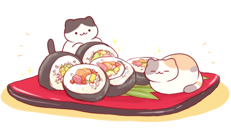 ambiguous_gender black_body black_fur dot_eyes duo eyes_closed feral food fur grey_body grey_fur loaf micro on_plate orange_body orange_fur plate simple_background simple_eyes smile sushi sushi_roll tail white_background white_body white_fur ikeatsunme neko_atsume chip_(neko_atsume) pasty_(neko_atsume) domestic_cat felid feline felis mammal 2017 digital_drawing_(artwork) digital_media_(artwork)