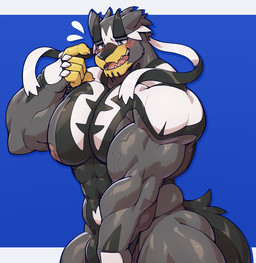 5_fingers abs anthro barazoku biceps big_muscles big_pecs biped black_body black_fur blush bodily_fluids bottomwear bulge clothed clothing covering covering_crotch embarrassed fingers fur fur_markings grey_body grey_fur head_markings huge_pecs loincloth loincloth_only looking_down male male_anthro markings multicolored_body multicolored_fur muscular muscular_anthro muscular_arms muscular_male muscular_thighs nipples open_mouth pecs pokemorph sharp_teeth simple_background snout solo standing sweat sweatdrop teeth topless vein veiny_muscles white_body white_fur myiko nintendo pokemon bear generation_8_pokemon legendary_pokemon mammal pokemon_(species) single_strike_style_urshifu urshifu ursine 2026 colored digital_drawing_(artwork) digital_media_(artwork) hi_res