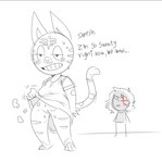 ambiguous_gender anthro bodily_fluids clothed clothing clothing_lift dialogue dress dress_lift duo female front_view genitals no_underwear pussy standing sweat text mhdrawin animal_crossing nintendo tabby_(animal_crossing) domestic_cat felid feline felis human mammal 2022 english_text sketch spot_color