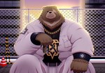 anthro bottomwear brown_body brown_fur clothing construction_site facial_scar fur jacket jewelry male missing_eye necklace overweight pants scar sitting solo sunset topwear white_bottomwear white_clothing white_jacket white_pants white_topwear tai_tanuki mihoyo zenless_zone_zero ben_bigger bear mammal hi_res