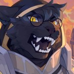 anthro black_body black_fur clothed clothing ears_back eyewear fangs fur glasses hooves looking_at_viewer male open_mouth pivoted_ears round_glasses solo teeth whiskers yellow_eyes corzh77 otsdarva felid mammal 1:1 absurd_res bust_portrait hi_res portrait