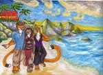 alison_(goldfur) anthro beach black_nose breasts brown_body brown_fur brown_hair chakona_space chest_tuft clothed clothing cougar dipstick_ears dipstick_tail ear_markings felid feline female female/female foxene fur group hair herm_(lore) male male/female mammal markings multicolored_ears multicolored_tail open_mouth orange_body orange_fur palm_tree pawpads pink_nose plant seaside stargazer_(goldfur) tail tail_markings traditional_media_(artwork) tree tuft water wyatt_concolor