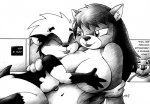 anthro areola big_breasts breast_pillow breasts duo_focus eyebrow_piercing eyewear facial_piercing female female/female glasses group happy male mostly_nude navel nipple_piercing nipples piercing smile text drake_fenwick honei raven_hunt bear canid canine canis domestic_dog mammal wolf english_text monochrome