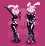 2021 anthro boots clothed clothing conditional_dnp female footwear fully_clothed gaturo gloves handwear hi_res lagomorph latex leporid mammal mascot rabbit rabbit_bomb shoes simple_background solo tight_clothing