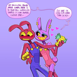 4_fingers anthro armwear bedroom_eyes blush bulge clothing duo ear_piercing elbow_gloves eyebrows eyeshadow femboy fingers flirting flustered gloves hand_grab hand_on_hip handwear heart_symbol lipstick looking_at_another love makeup male money narrowed_eyes nervous nervous_smile piercing prostitution raised_eyebrow seductive smug_grin speech_bubble text ari_dibujitos glitch_productions the_amazing_digital_brothel the_amazing_digital_circus evil_jax_(tadc) jax_(tadc) lagomorph leporid mammal rabbit 1:1 absurd_res hi_res spanish_description spanish_text translated