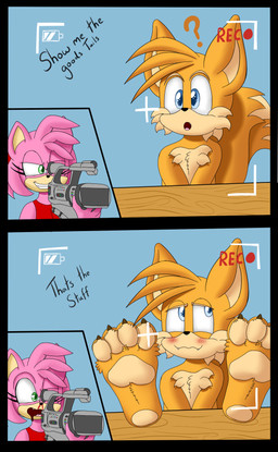 anime_nosebleed anthro barefoot blood blush bodily_fluids camera camera_view duo feet female foot_fetish foot_focus fur male nosebleed orange_body orange_fur pawpads pink_body pink_fur recording foxkai sega sonic_the_hedgehog_(series) amy_rose miles_prower canid canine eulipotyphlan fox hedgehog mammal absurd_res hi_res