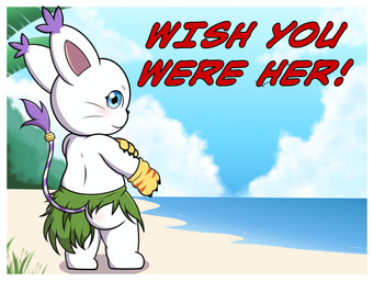 anthro beach blush butt clothed clothing day female grass_skirt outside postcard solo text topless whiskers anonymous_artist bandai_namco digimon digimon_(species) felid feline gatomon mammal absurd_res hi_res