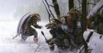 anthro armor boots bracers breastplate chainmail clothing fangs fog footwear group headgear helmet horn mace male melee_weapon membrane_(anatomy) membranous_wings metal_shield outside pauldron plant round_shield scales shoes snow snowscape tan_body tan_scales teeth tree weapon wings winter keith_parkinson dragonlance aurak baaz bozak draconian sivak 1986