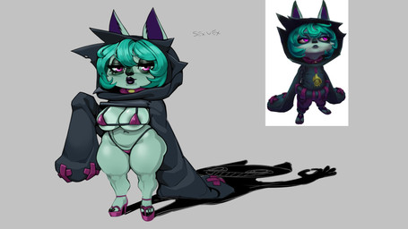 animal_ears animal_nose big_breasts bikini black_clothing black_hoodie black_topwear breasts clothing eyelashes female front_view fur green_body green_fur grey_background hoodie lipstick long_sleeves looking_at_viewer makeup navel nipple_outline purple_bikini purple_clothing purple_eyes purple_lipstick purple_swimwear shortstack simple_background solo swimwear thick_thighs topwear two-piece_swimsuit wide_hips ebelisk league_of_legends riot_games tencent vex_(lol) humanoid yordle 16:9 hi_res widescreen