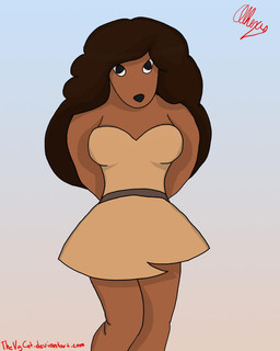 anthro black_eyes black_nose blue_sash blue_sky breasts brown_body brown_fur brown_hair brown_skin clothing dress female fur hair hands_behind_back long_hair looking_forward poofy_hair shadow sky solo standing sunset thevgcat white_clothing white_dress white_sclera thevgbear adventure_time cartoon_network samantha_(adventure_time) canid canine canis domestic_dog mammal
